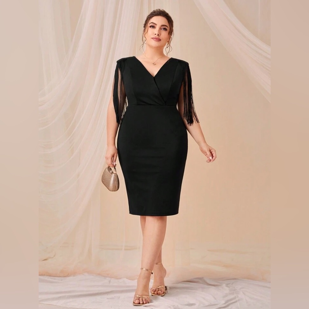 Brand New with Tag Black SHEIN Belle Plus Fringe Trim Split Back Dress